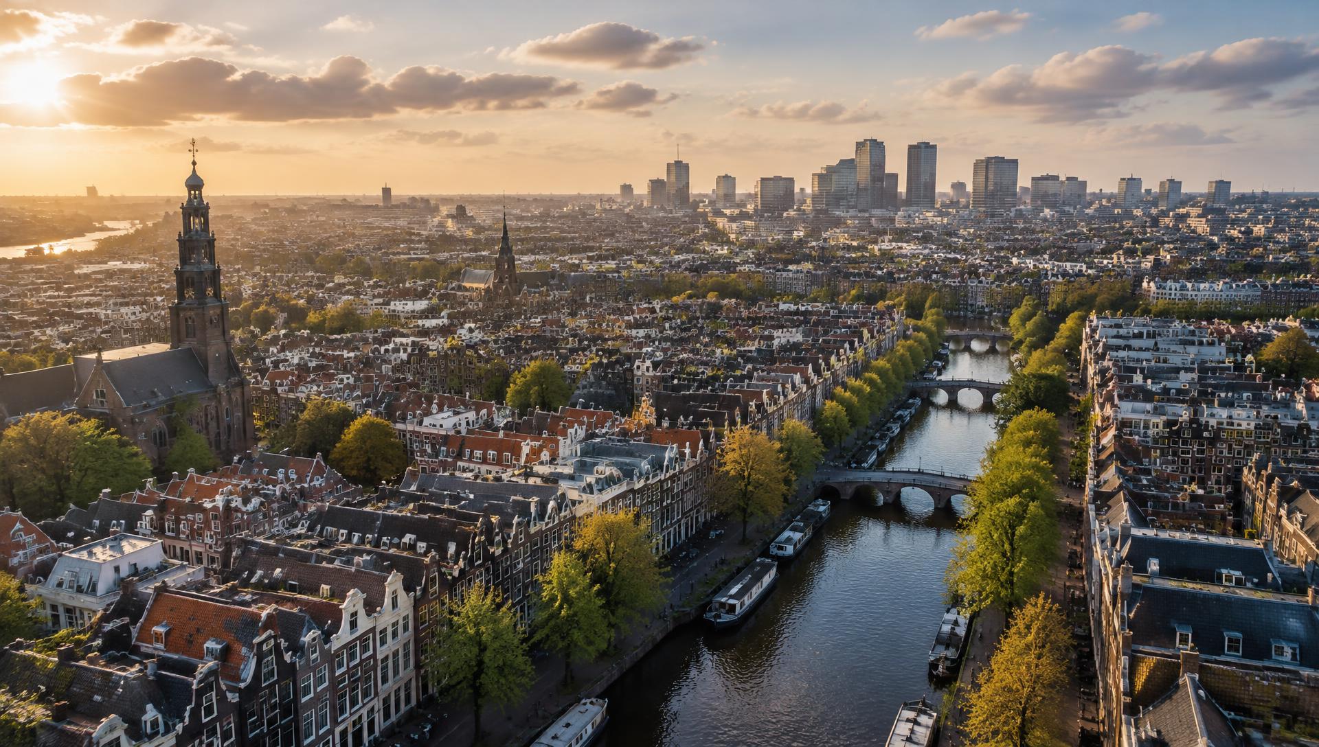Aerial view of Amsterdam's canals and skyline